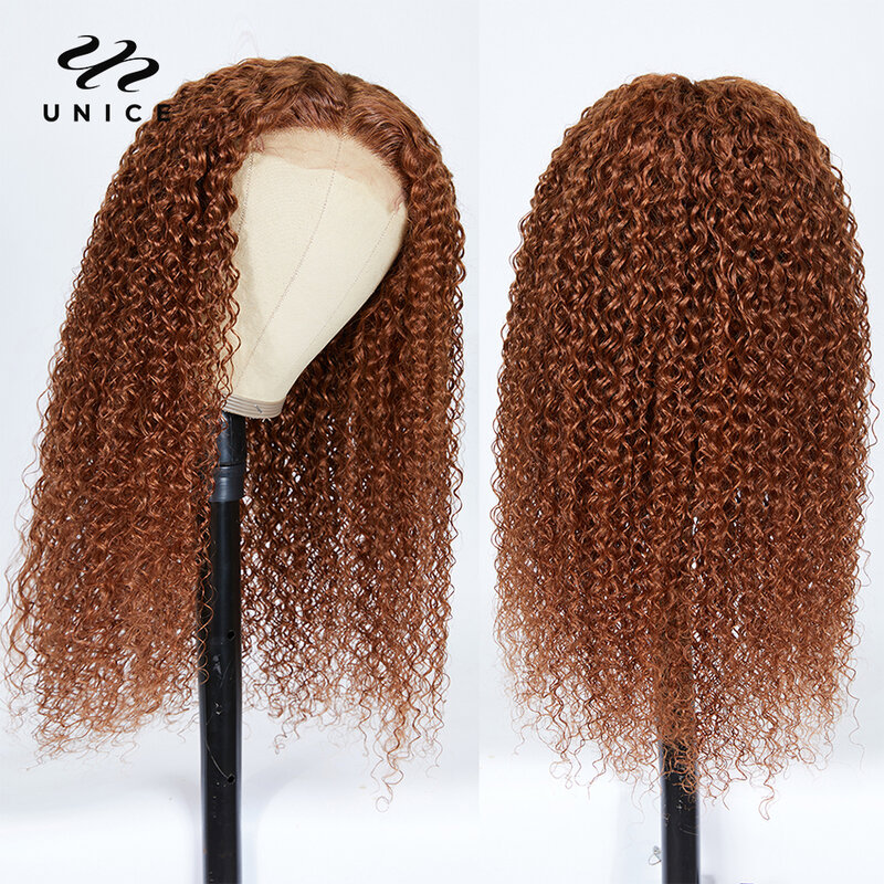 UNice-Peluca de cabello humano rizado de 13x4, postizo de encaje frontal marrón, Color de caída, pelo brasileño, 4x0,75 T
