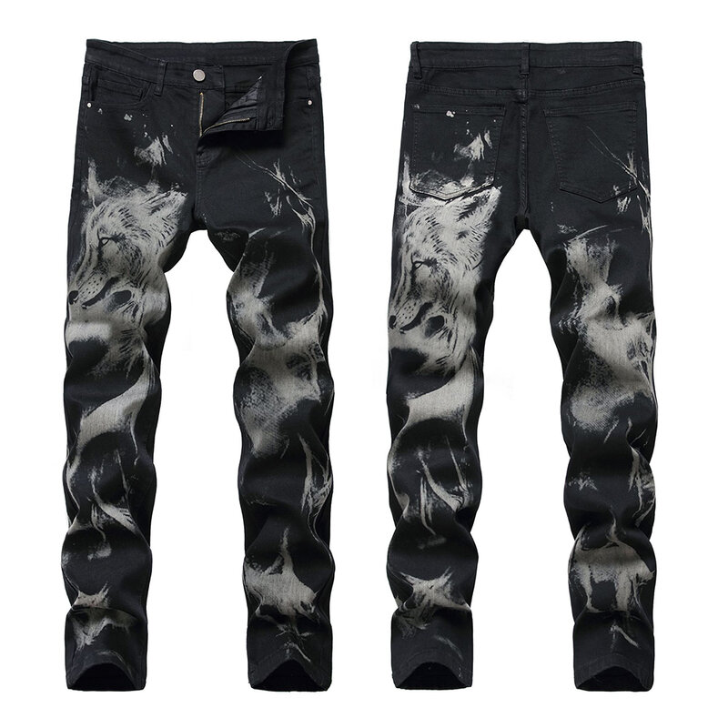 Retro calças de brim masculina solta perna reta na moda rua hip-hop escuro y2k dragão totem bordado calças de perna larga retro skate
