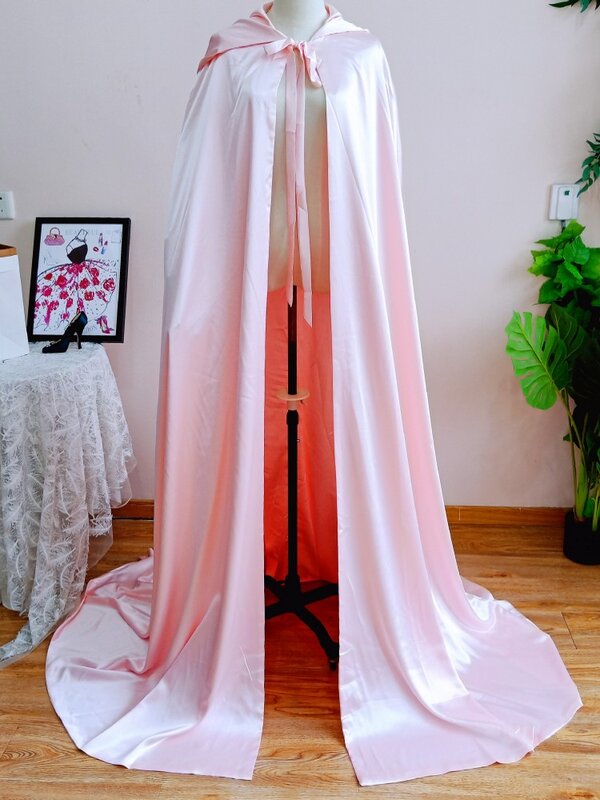 Capa de boda larga rosa con tren de barrido Hode, chal de seda satinada, accesorios nupciales, abrigo personalizado de alta calidad