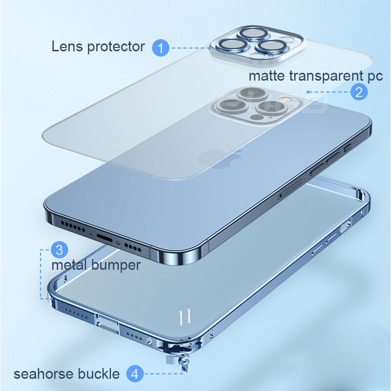 Coque de protection antichoc en métal et aluminium pour iPhone, compatible modèles 14 Plus, 13, 12, 11 Pro Max, verre, transparente et mate