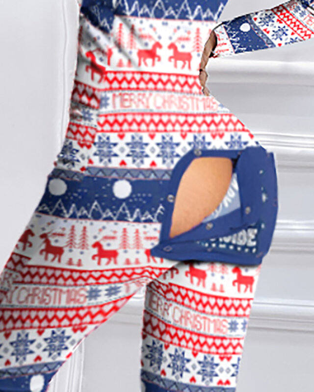 2021 популярный цельный костюм с рождественским принтом, функциональная повседневная одежда для сна на пуговицах с клапаном, женская пижама, ...