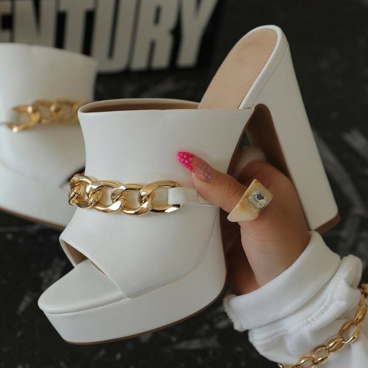 Sandali con plateau alla moda grosso tacco alto scarpe da donna con catena Slingback Peep Toe pantofole slip Sexy sandali Mujer 2021