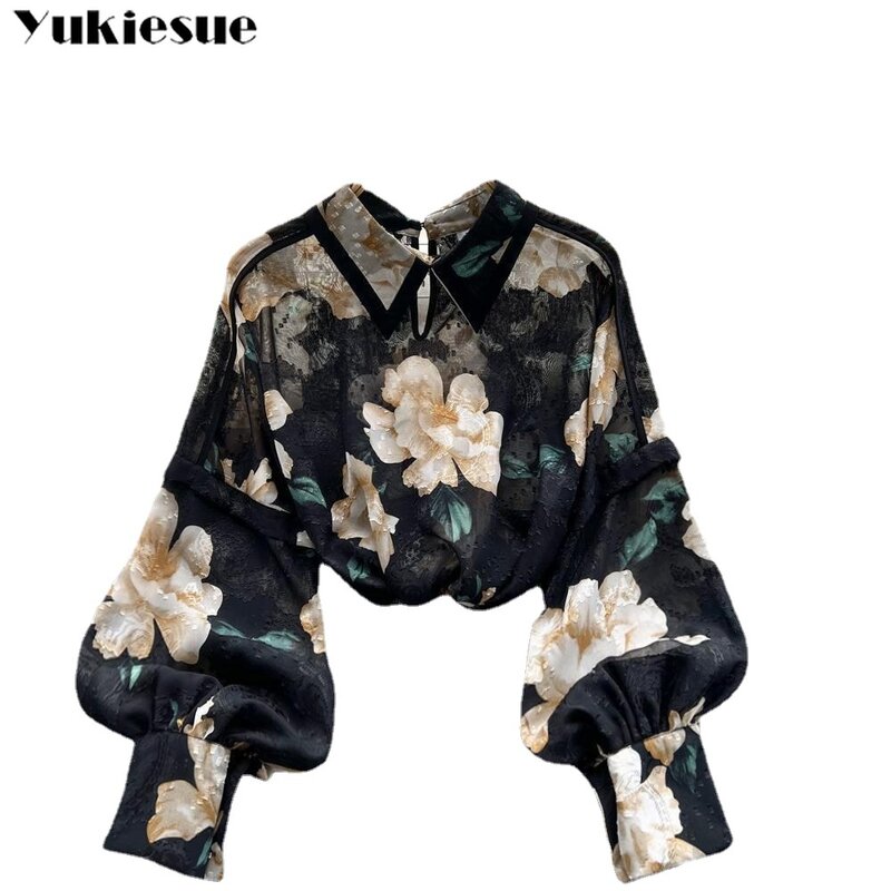 Blusa informal de gasa con estampado floral para verano, camisa de manga larga para mujer, top elegante, nuevo