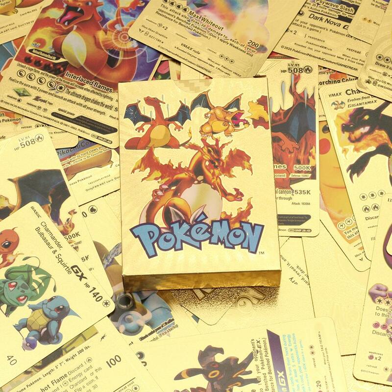 Carta Pokemon francese 55 pezzi di carte d'oro Pokemon lettere dorate carte francesi Metalicas Charizard Vmax Gx Series Game Card Box
