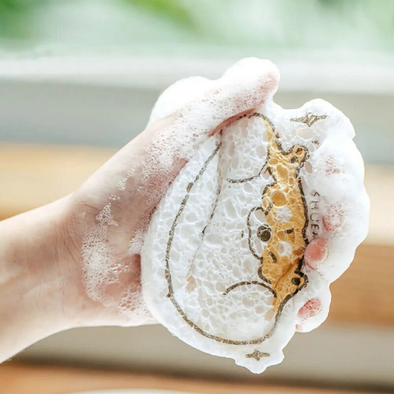 Non-stick Cartoon Wood Pulp Cotton Sponge Compressed Magic Oil MultifuncHousehold Kitchen Rag Towel Roll Dishwashing Sponge