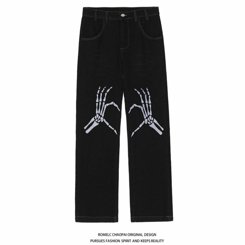 Pantalones vaqueros negros con bordado de esqueletos callejeros europeos y americanos, jeans largos holgados de hip-hop americanos, jeans de cintura alta