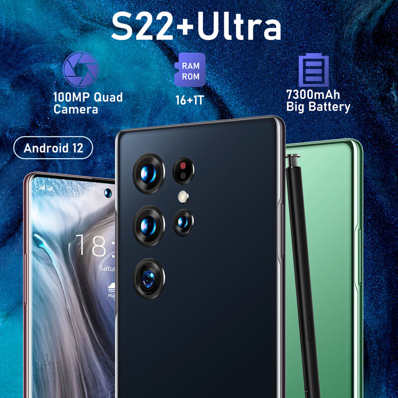2022 New S22 Ultra Smartphone Celular With Stylus 7.3 Inch 16GB+1TB 7300mAh 5G Network Unlock Smart Phone Mobile Phones Cell Pho