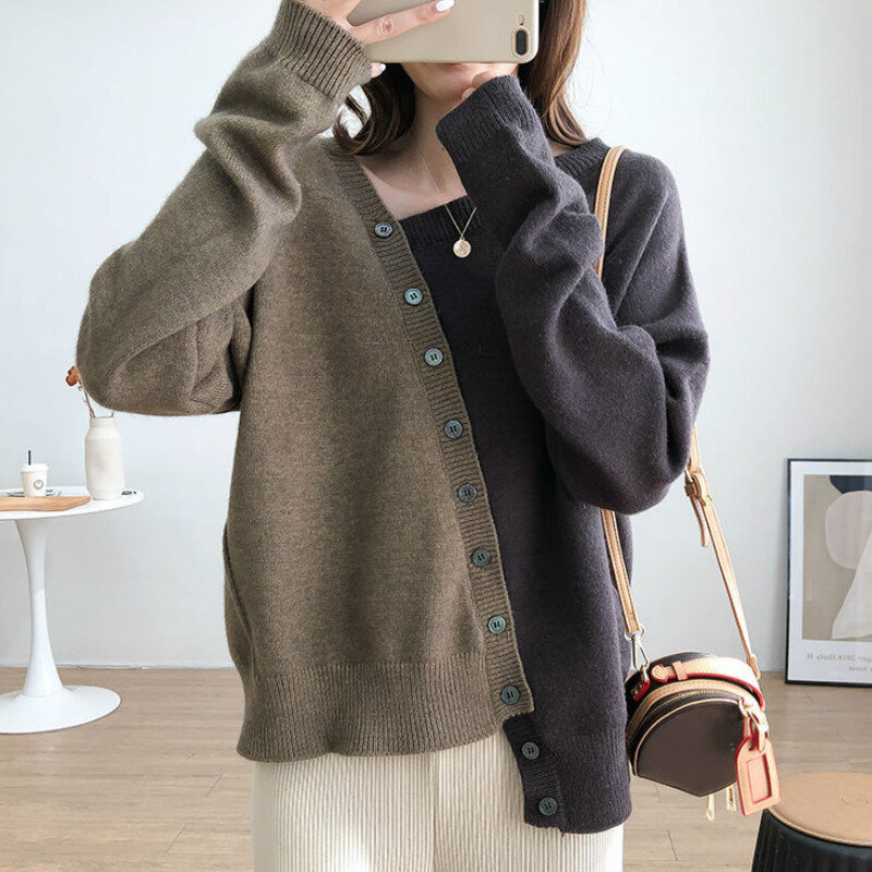 Pullover Frauen Unregelmäßige Patchwork Einreiher Casual Stricken Design Elegante Koreanische Stil Chic Kleidung Heißer Verkauf Strickwaren