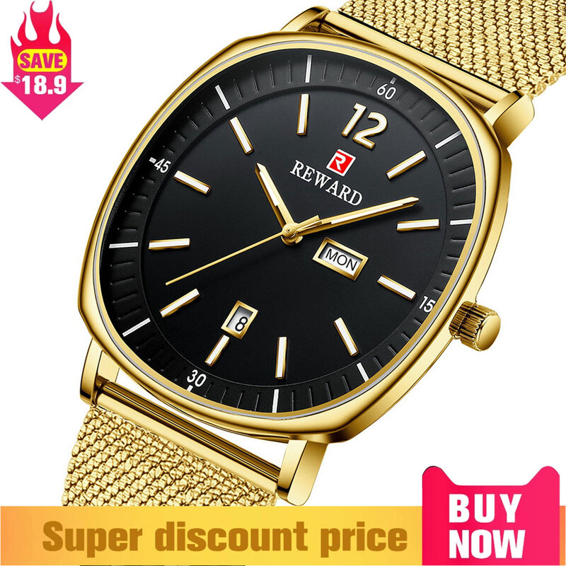 REWARD Men Watches Luxury Business Quartz Wristwatch Top Brand Date Week Display Stainless Steel Wrist Watches Gift for Men