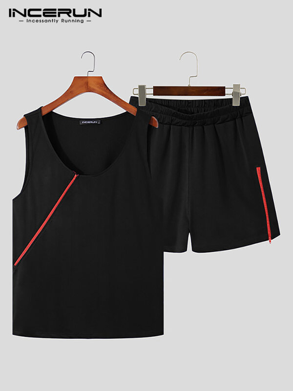 INCERUN 2022 Stylish Loungewear Men's Zip Contrast Color Vests Shorts Suit 2 Pieces Fashion Male Hot Sale Streetwear Suits S-5XL