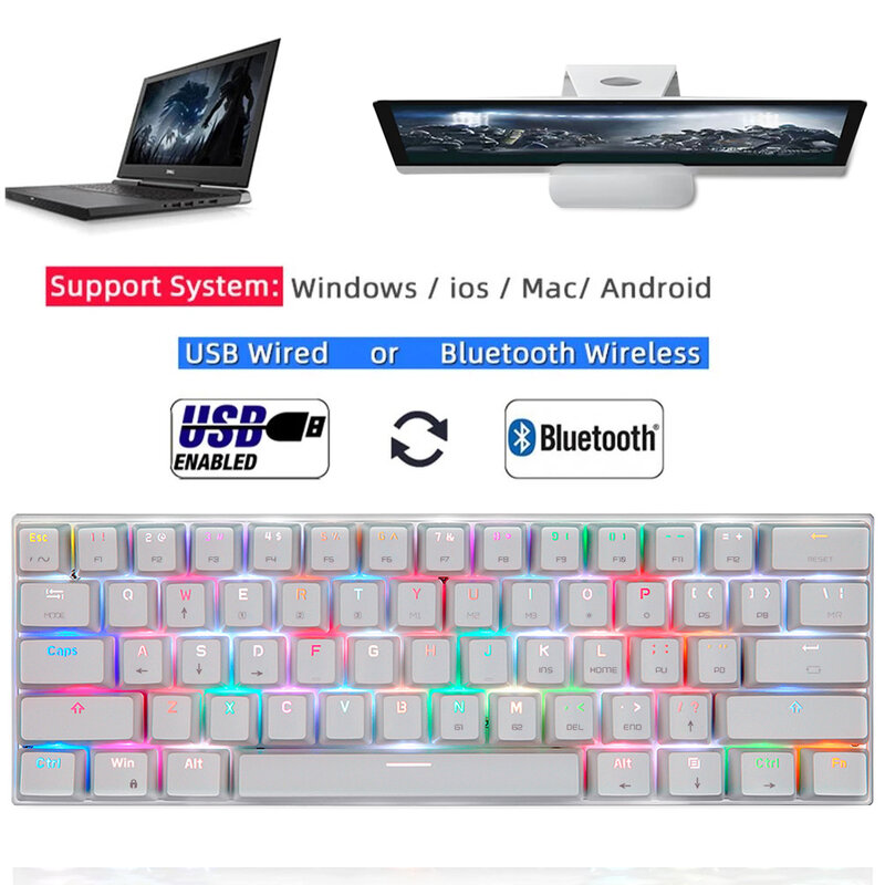 Motospeed CK62 Проводная Беспроводная Bluetooth механическая клавиатура 61 клавиша RGB подсветка игровая Офисная Клавиатура с защитой от фиктивных нажа...