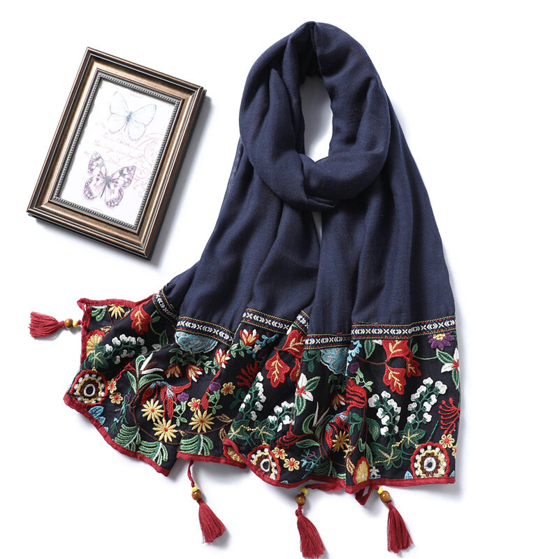 Women Cotton Scarf Hijab Floral Embroidery Foulard Pashmina Shawls Wraps Soft Tassel Muslim Head Scarves 2021 Fashion