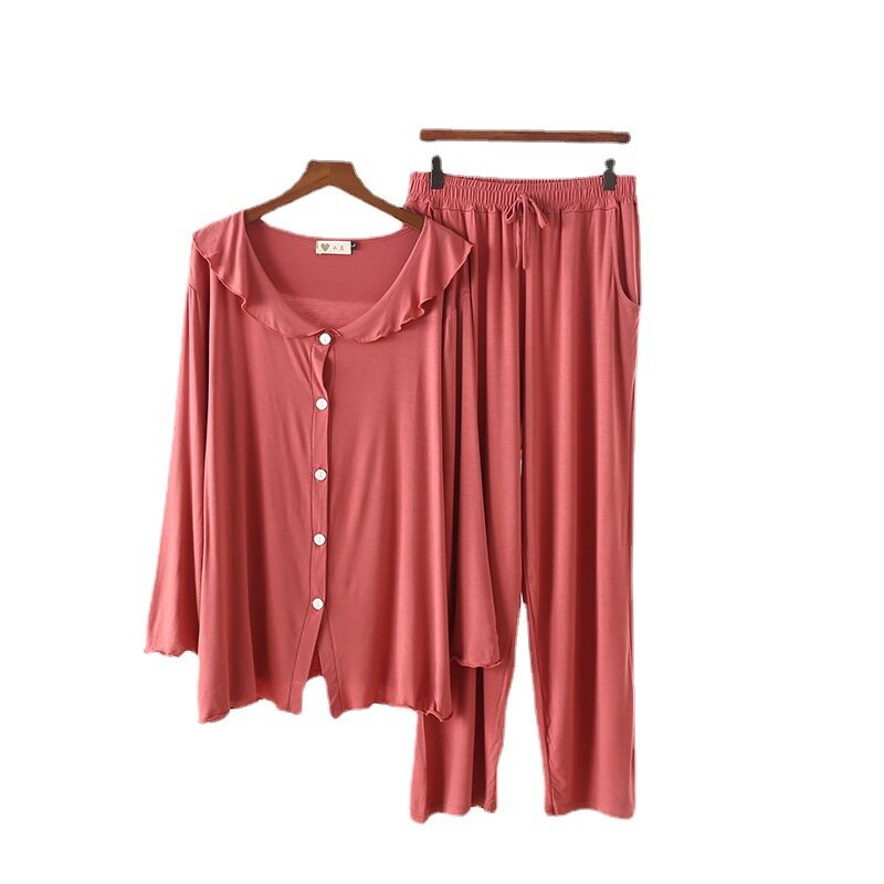 모달 잠옷 홈 의류 여성 봄 가을 로터스 리프 옷깃 긴 소매 카디건 레저 세트 라운지웨어 잠옷, 나이트 웨어