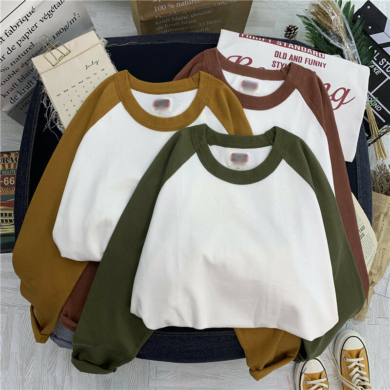 Camiseta de algodón para mujer, remera de manga larga de retales para mujer, Camiseta básica informal con cuello redondo, Top