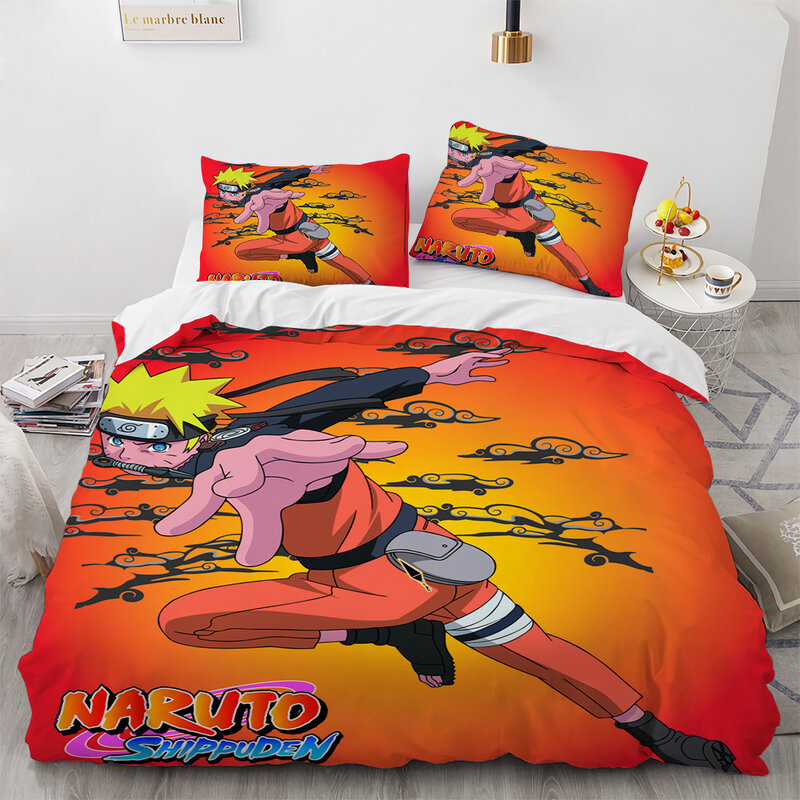 Juego de cama de Naruto Uzumaki Uchiha, funda de edredón con funda de almohada, estampado en 3D para dormitorio de niños, tamaño Queen y King, textil para el hogar