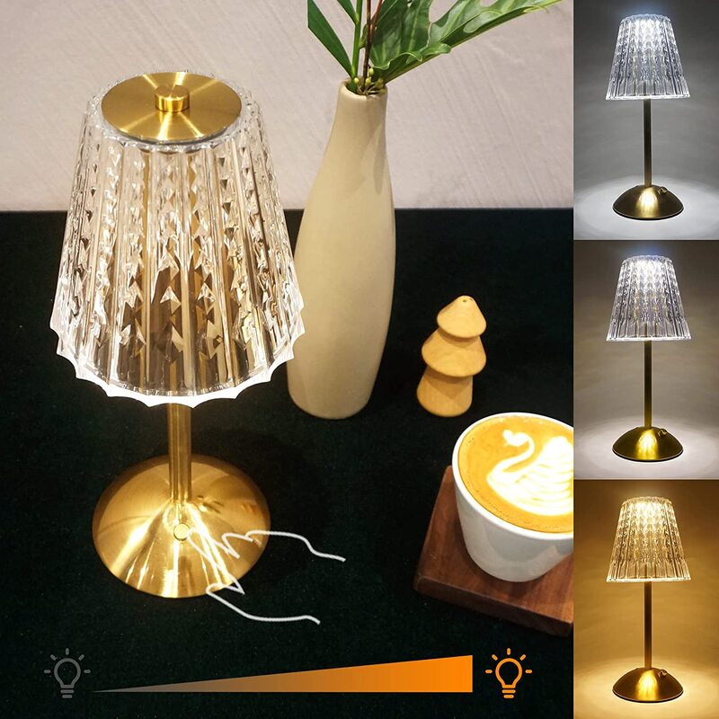 LED 크리스탈 다이아몬드 램프 금속 무선 책상 조명 충전식 식탁 램프, 침실 거실 레스토랑 야외