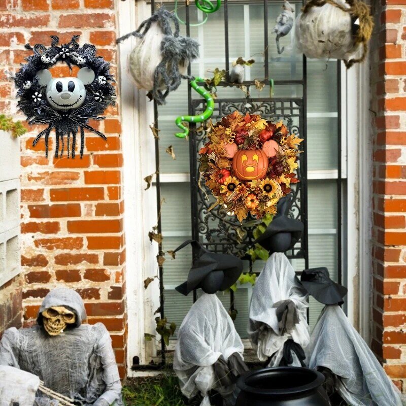 Pumpkin Mickey Wreath Decor Halloween Thanksgiving Front Door Decoration Outside Holiday Party Hanging Ornaments Plastic