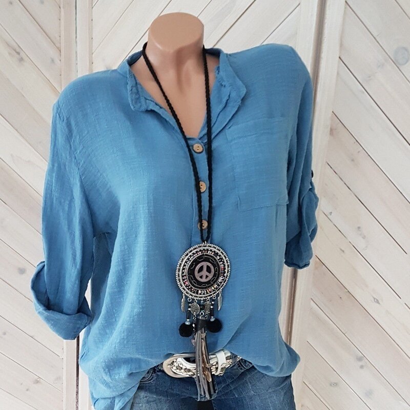 Blusa informal de lino y algodón para mujer, camisa holgada de manga larga con botones, 5XL talla grande, 2020