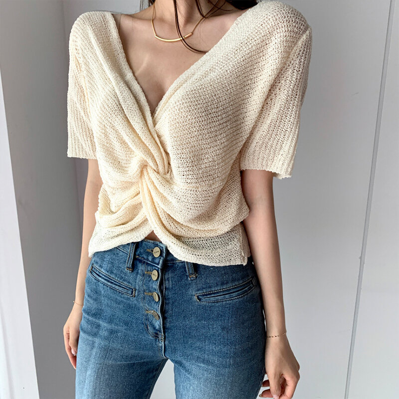 Odzież damska koreański prostota sweter z dzianiny V Neck fałdy z krótkim rękawem Casual Vintage Fashion Baggy bluzki damskie lato