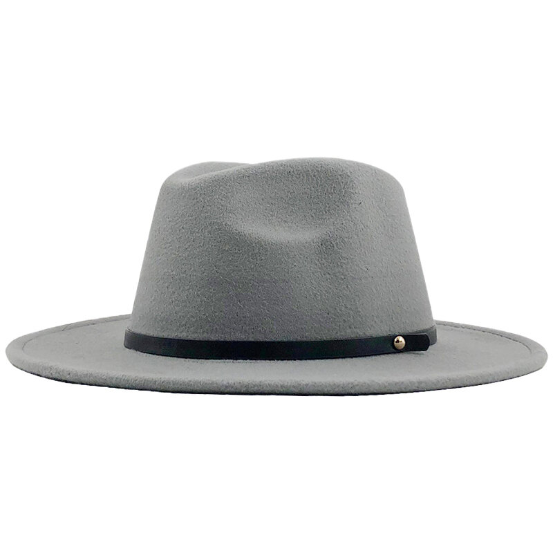 Moda zimowa wełniany kapelusz Fedora dla kobiet mężczyzn ze skórzanym filcowy kapelusz prosty szeroki rondo jesień panie kościół Top jazzowy kapelusz czapka damska