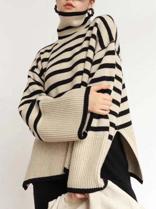 Atasan Mode 2022 Sweter Berkerah Tinggi Bergaris Wanita Jumper Sweter Longgar Desain Longgar Musim Gugur Musim Dingin Baru