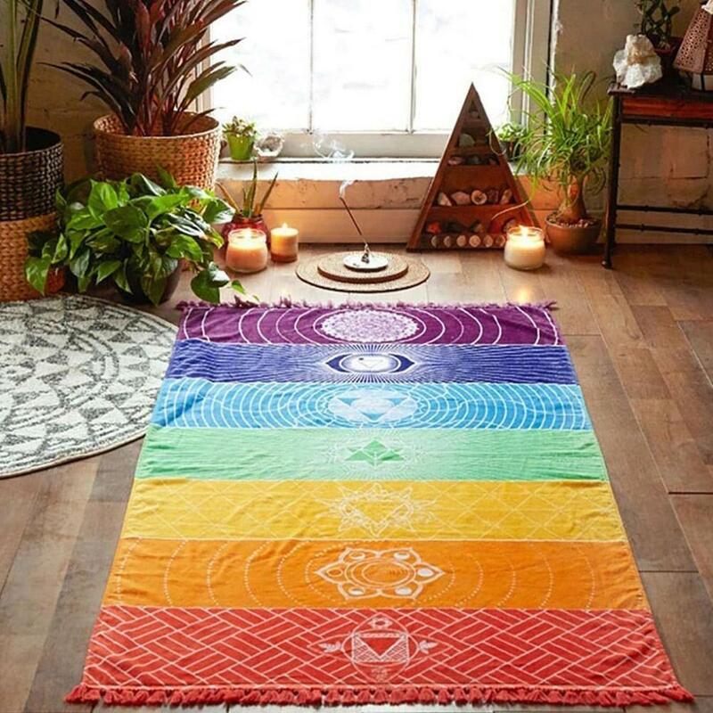 Tassels Single Rainbow Chakra Tapestry ผ้าขนหนู Mandala เสื่อชายหาด Boho โพลีเอสเตอร์ Hang โยคะลายผนังผ้าห่มพรม Tapestry Q1C2