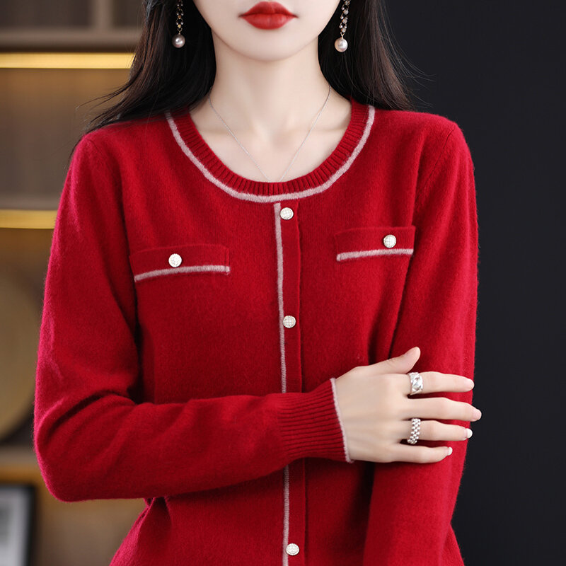 봄/가을 향기 가짜 가디건, 100% 순수 스웨터, 여성용 라운드 넥 긴 소매 풀오버 스웨터 니트 바닥 셔츠