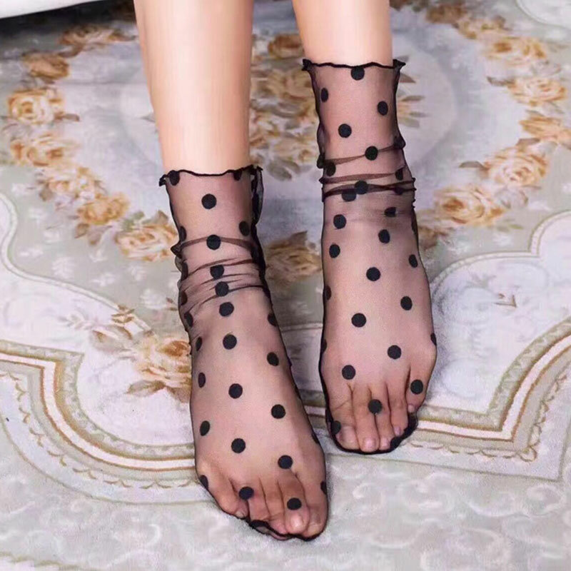 1pair Women Sexy Transparent Tulle Socks Dot Lace Mesh Ankle Socks Ladies Summer Ultra-Thin Princess Silk Meias Socks Female