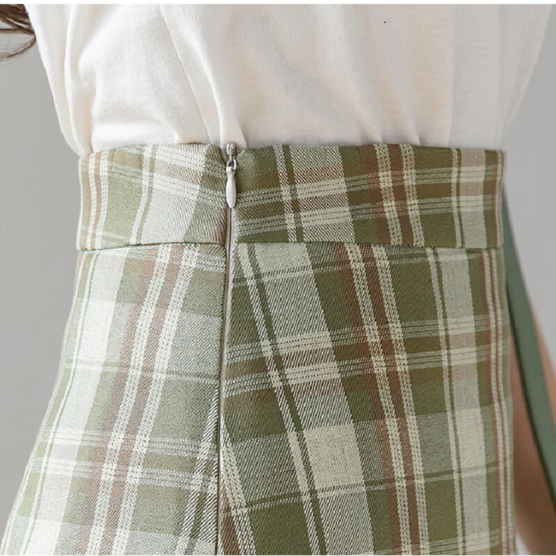 Wisher & Tong 빈티지 격자 무늬 치마 Hight Waist 여성용 연필 치마 한국 패션 Back Split Green Skirts Spring 2022 Jupe Femme