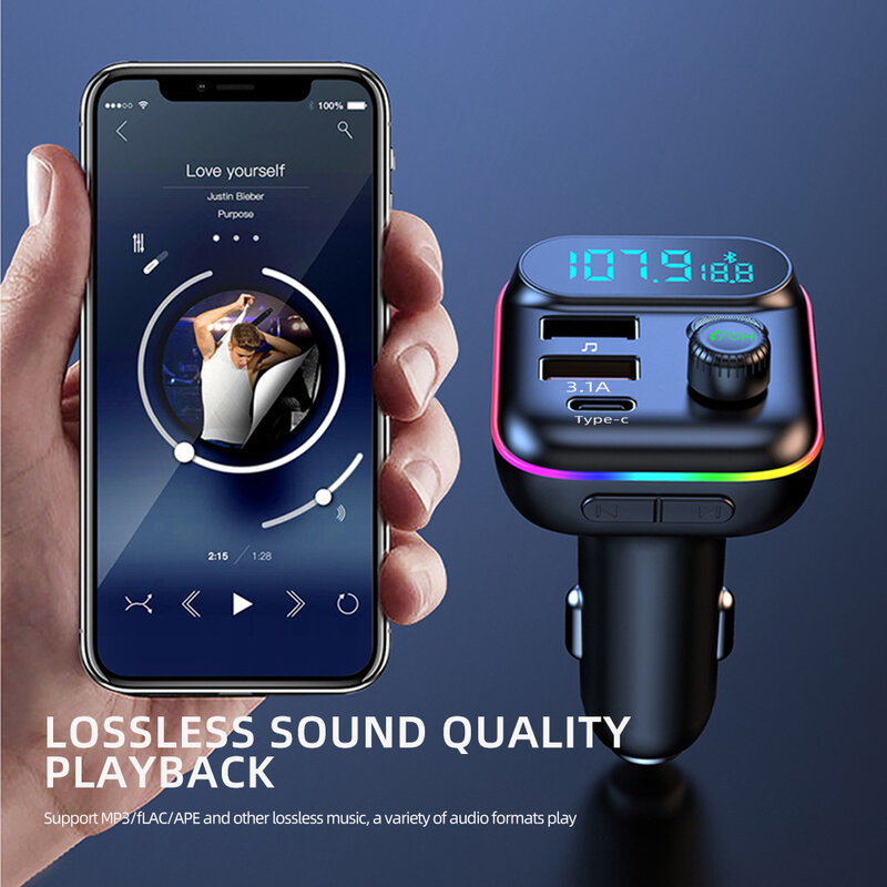 Автомобильный Bluetooth 5,0 FM-передатчик, быстрое зарядное устройство USB Type-C, красочный автомобильный комплект громкой связи, MP3-плеер с поддержкой TF-карты B