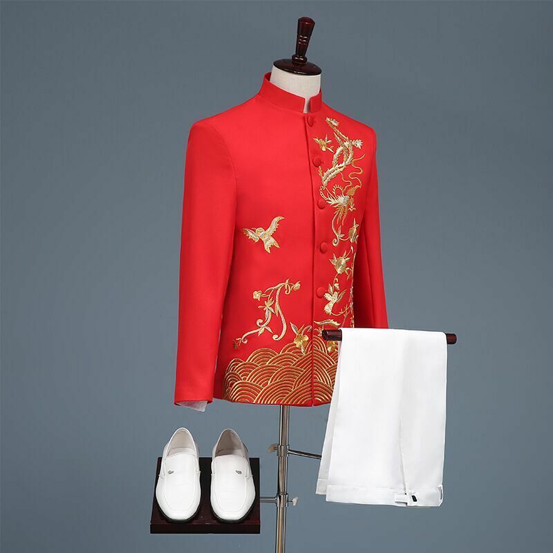 남자 세련된 꽃 무늬 세트 정장 무대 가수 웨딩 신랑 자켓 바지 2 조각 의상 옴므 Mariage