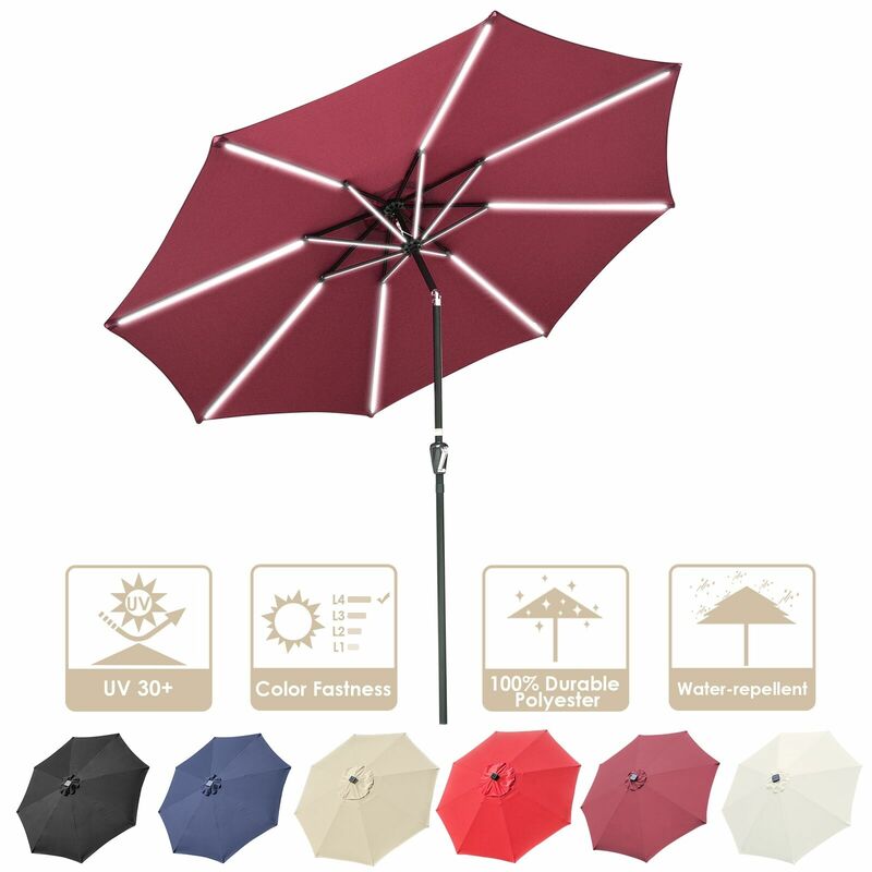 10ft Multifunctional Alu 16LED Strip Light Umbrella Polyester Canopy Dark Red