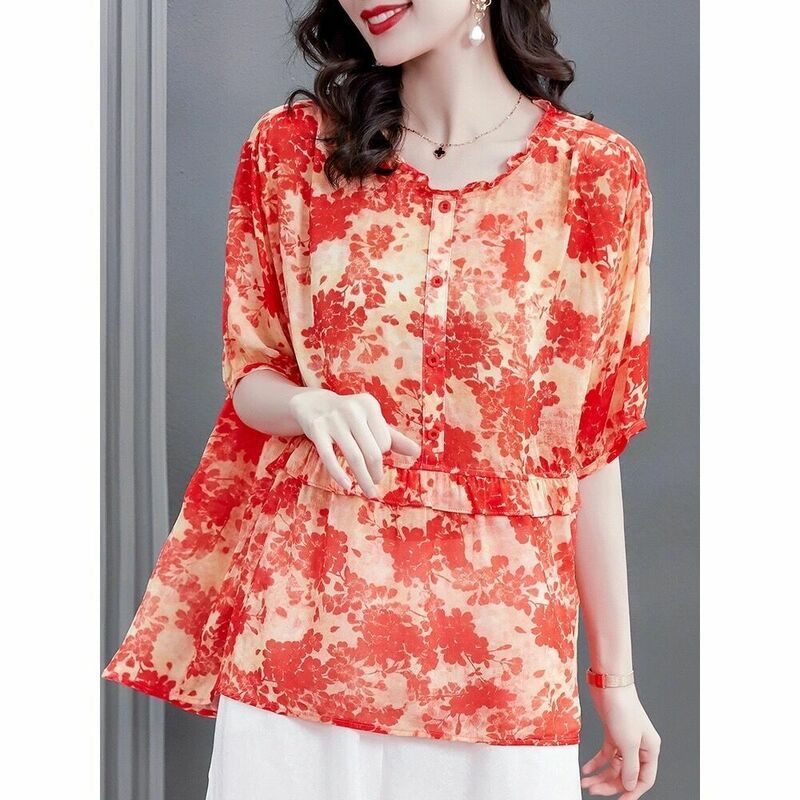 Chiffon blouse floral t-shirt women 2022 summer design small shirt fashion thin loose five-point sleeve o neck printed blouse