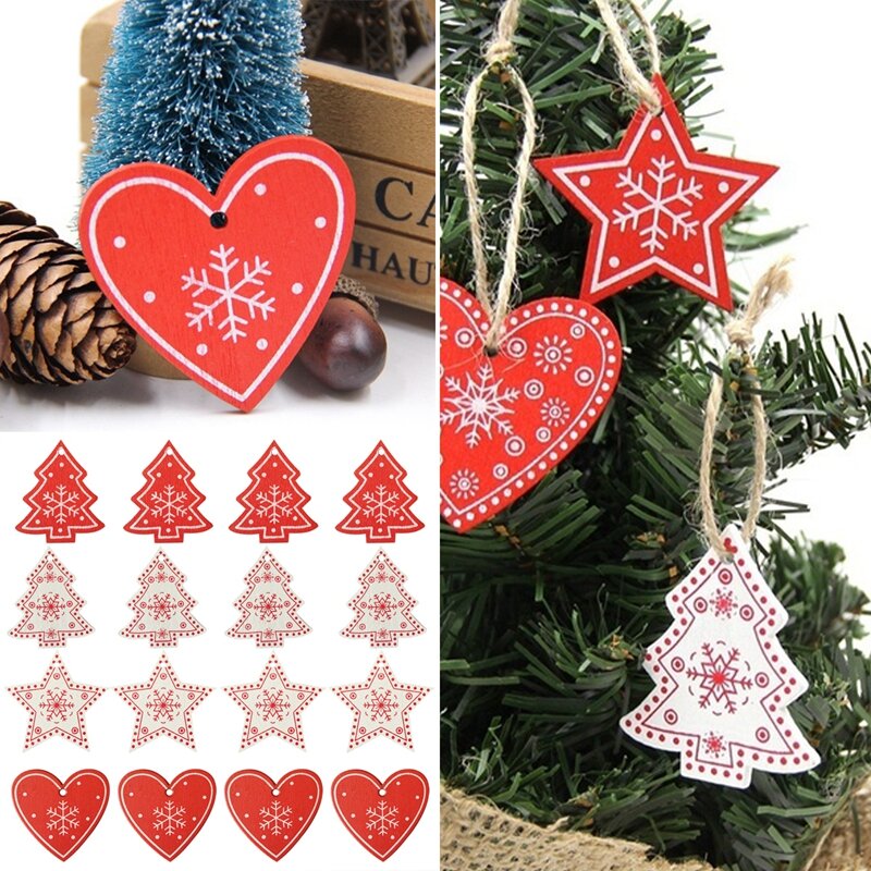 16 pezzi misti fai da te albero bianco e rosso/cuore/stella ornamenti in legno per la festa di natale ornamenti per l'albero di natale decorazioni per bambini regali
