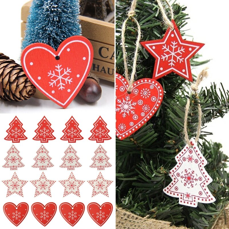 16PCS Mixed DIY White&Red Tree/Heart/Star Wooden Ornaments For Christmas Party Xmas Tree Ornaments Kids Decorations Gifts