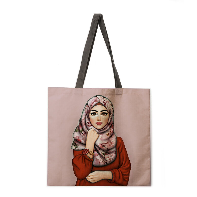 Reusable shopping bag Islamic girl printed bag Women's shoulder bag Linen bag Outdoor beach bag daily bag