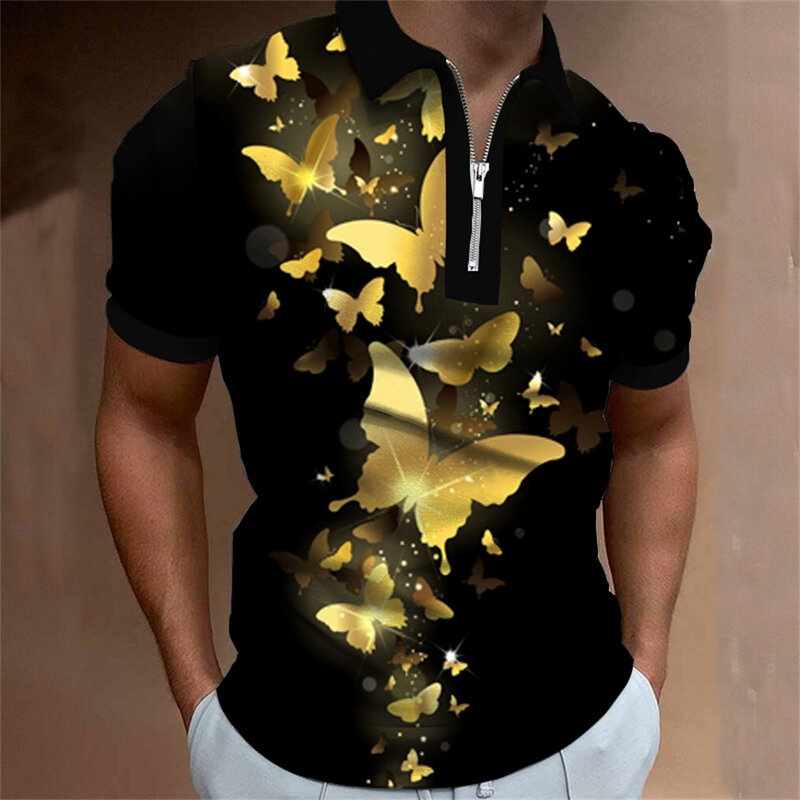 Summer Casual Butterfly Printed Men's Short -sleeved Zipper POLO Shirt