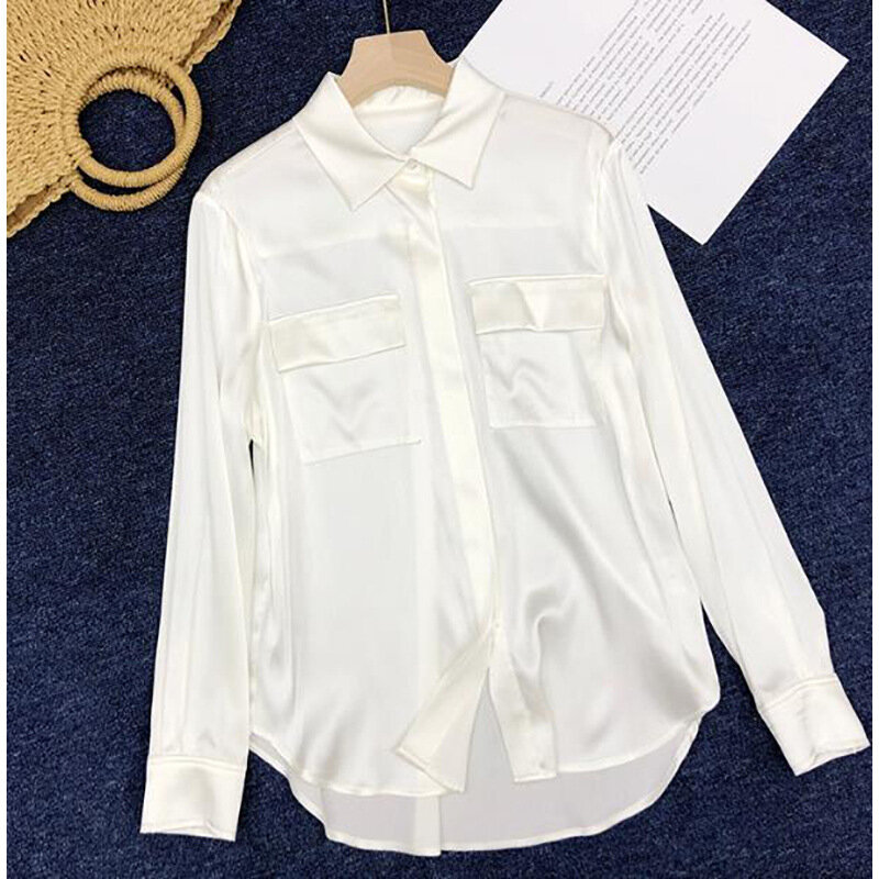 Commuter Women Suit Collar Heavy Mulberry Silk Satin Shirt White Satin Solid Top For Women Spring Fashion Temperament Blouse