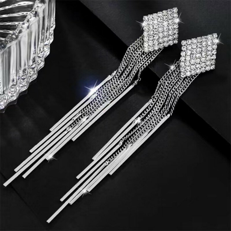 S925 prata agulha europeu e americano brincos com diamante cheio longo borla brincos brilhantes vestido de casamento