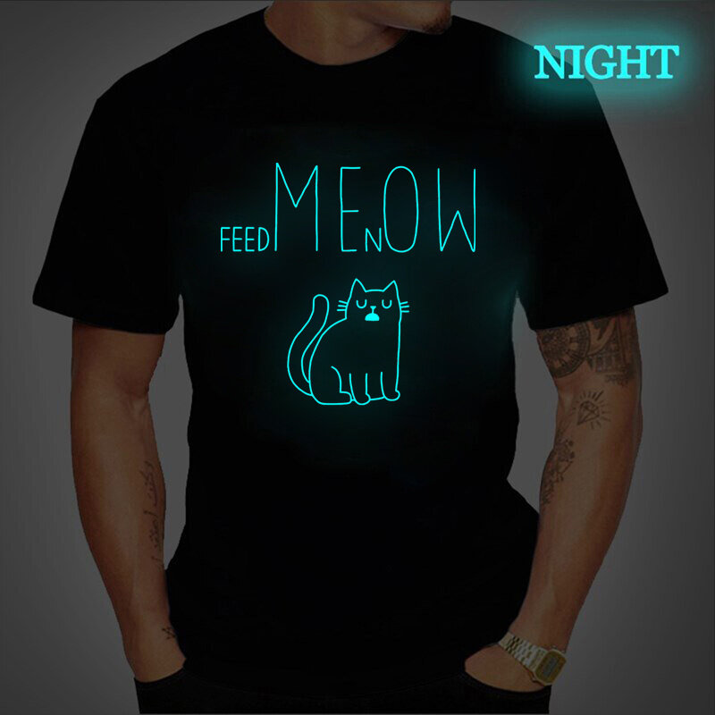 Camiseta con estampado de gato Feed Meow de verano, camisetas holgadas ovesizadas, ropa de calle luminosa de Hip Hop, Camiseta deportiva de algodón Unisex, ropa