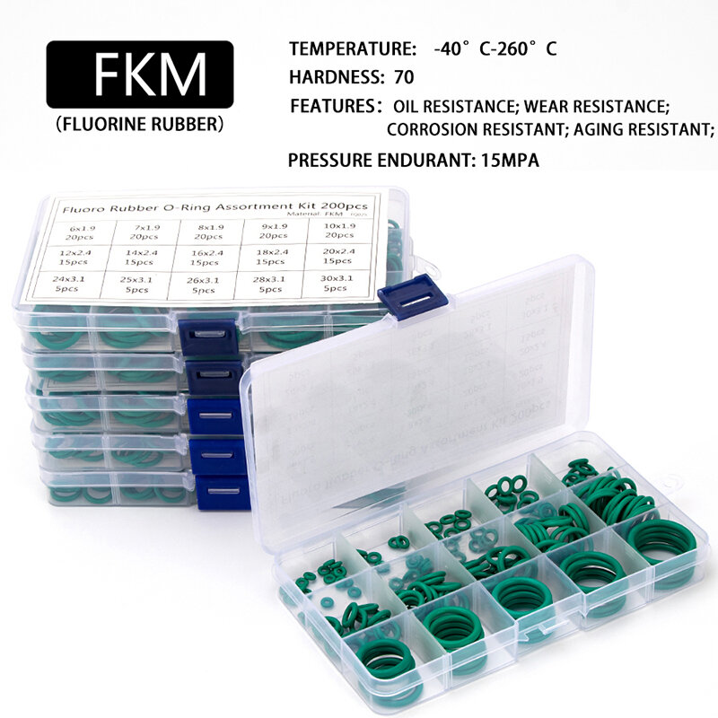 Juntas tóricas de sellado FKM de goma flúor de 150 unids/caja OD 6mm-30mm CS 1mm 1,5mm 1,9mm 2,4mm Kits de reemplazos de juntas verdes