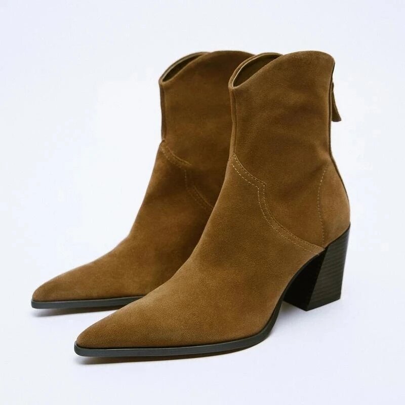 Женские замшевые высокие ботинки с острым носком, на квадратном высоком каблуке, 2022