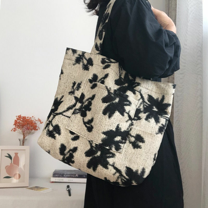 Tote Bag Contrast Color Smudged Jacquard Shoulder Bag Large-capacity Canvas Handbag Autumn and Winter Women's Bag
