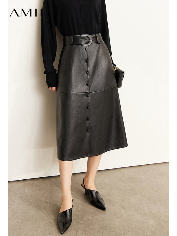 AMII-Falda minimalista de cuero para mujer, falda de cintura alta a la moda, de longitud media, para oficina, 12140717
