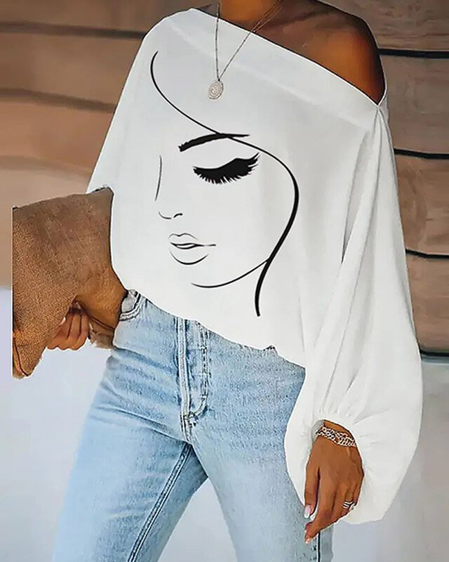 T-shirt Kasual Harian Leher Miring Lengan Panjang Fashion Wanita Musim Panas Atasan Lengan Lentera Print Figure Abstrak Liburan