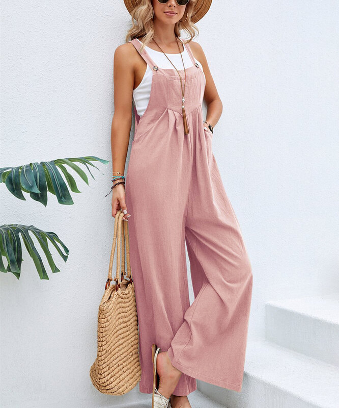 Women's Sling Jumpsuits Summer Casual Loose Fitting Straight Barrel Mid Waist Sleeveless Solid Color Strap Pants