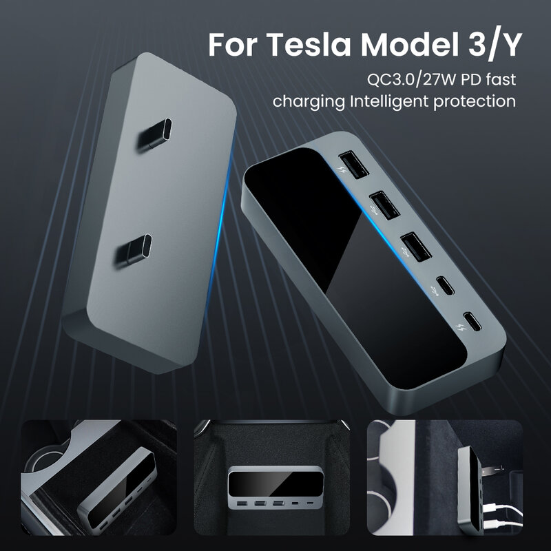 For Tesla 2021-2022 Model 3 Model Y 27W Quick Charger Intelligent Docking Station USB Shunt Hub Decoration Interior Accessories