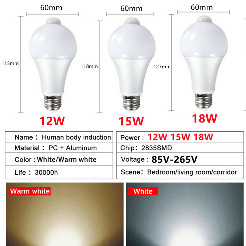 Lampe avec détecteur de mouvement PIR, ampoule LED avec capteur de mouvement à infrarouge B22, lumière de sécurité, E27, 85-265V, 18W, 15W, 12W