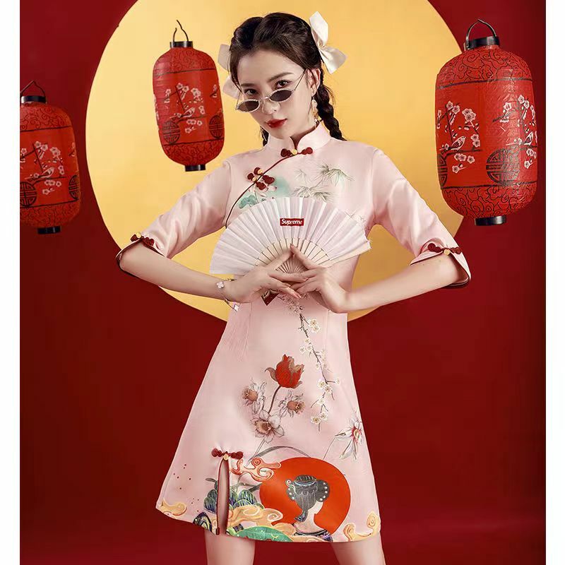 新しいguochao cheongsm in 2022、新しい改善された若い女の子、短いダンス、フライドストリート、中国風、赤。袍