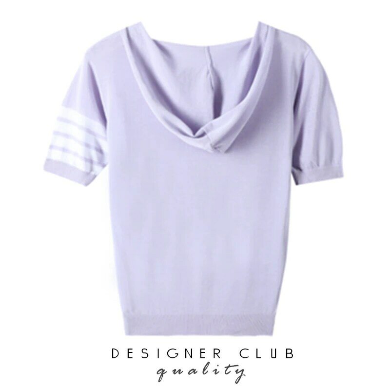 Tb ice silk malha com capuz de manga curta camiseta feminina verão novo design senso faculdade estilo solto curto topo